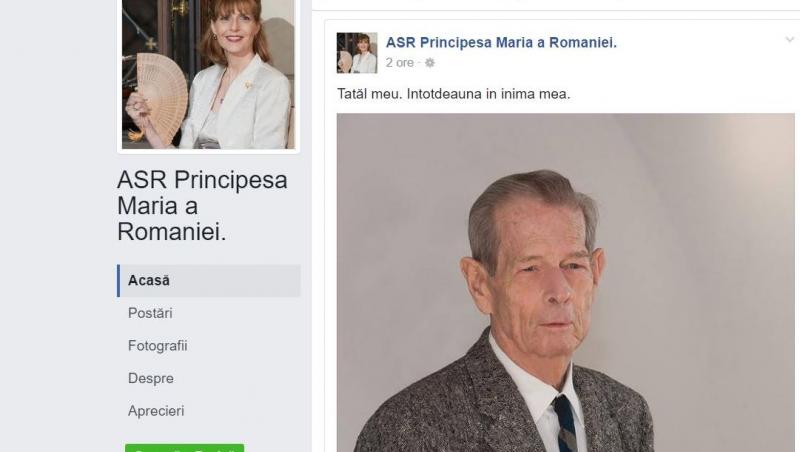 Fotografia Regelui Mihai, postată pe Facebook de Principesa Maria, una dintre fiicele sale,  alături de un mesaj emoţiont