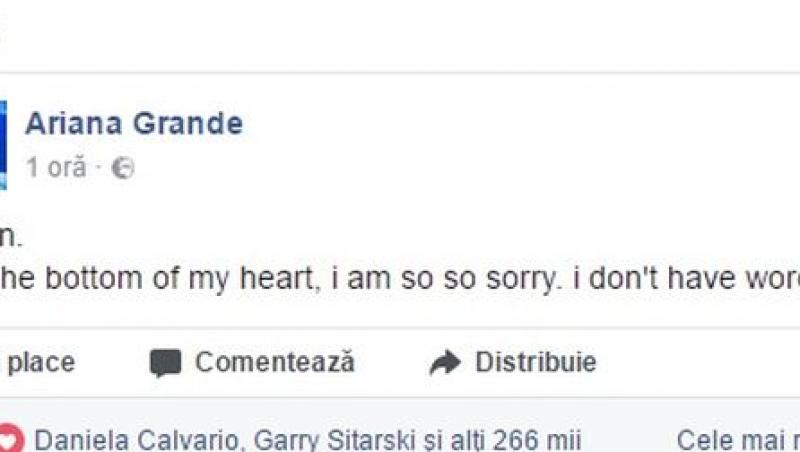 Ariana Grande, mesaj cutremurător pe Facebook. Artista a luat decizia de a-și anula turneul mondial după evenimentele de la Manchester!