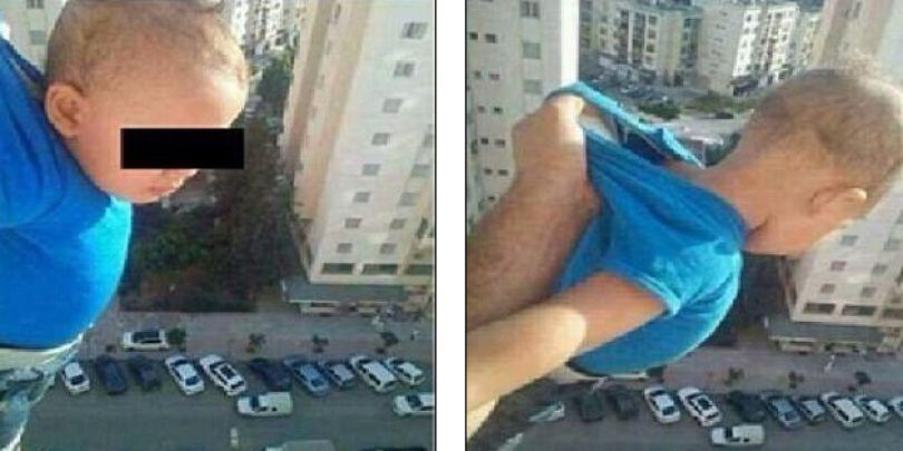 Scene șocante. Un tată și-a pozat copilul at&acirc;rnat la balcon și a amenințat că &icirc;l aruncă dacă nu va primi 1000 de like-uri la fotografie!