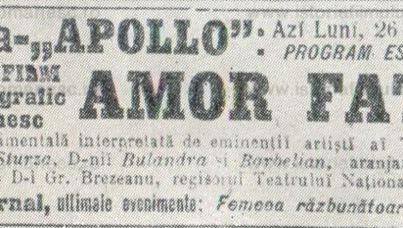 Române, hai să ținem minte data asta, da? 18 septembrie 1911. Lansarea primului nostru film, ”AMOR FATAL”, cu Lucia Sturdza și Tony Bulandra