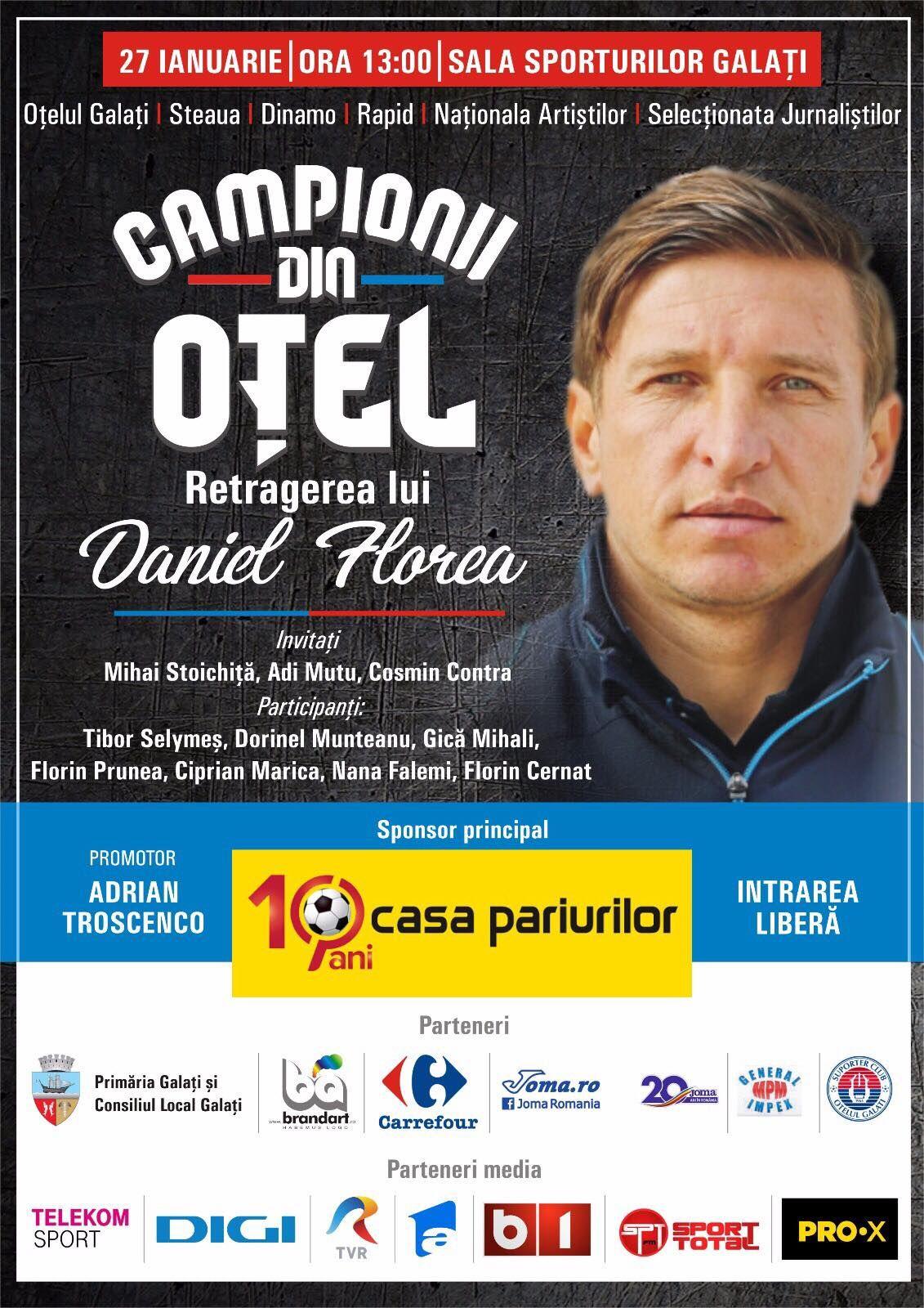 Campionii din Oțel. Steaua, Dinamo, Oțelul, Rapid, Naționala Jurnaliștilor și Selecționata Artiștilor participă la meciul de retragere, la Galați, al lui Daniel Florea. 27 ianuarie