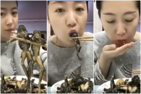 Atenție, imagini greu de privit! O chinezoaică s-a filmat mâncând broaște, spre disperarea celor care o priveau (VIDEO)