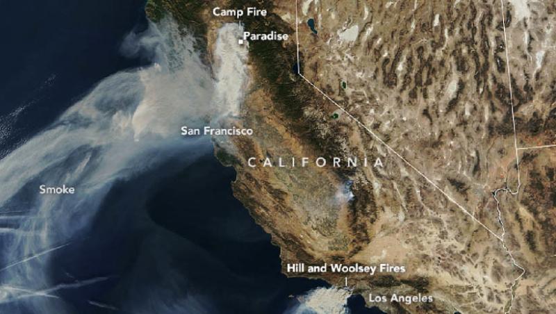 Incendiile devastatoare din California, văzute din spațiu! 50 de persoane au murit arse de vii, iar alte sute de mii au fost evacuate