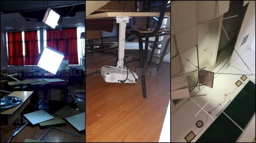 Incident șocant la un liceu! Tavanul clasei s-a prăbușit peste elevii care susțineau teza la Geografie. Două fete au fost rănite