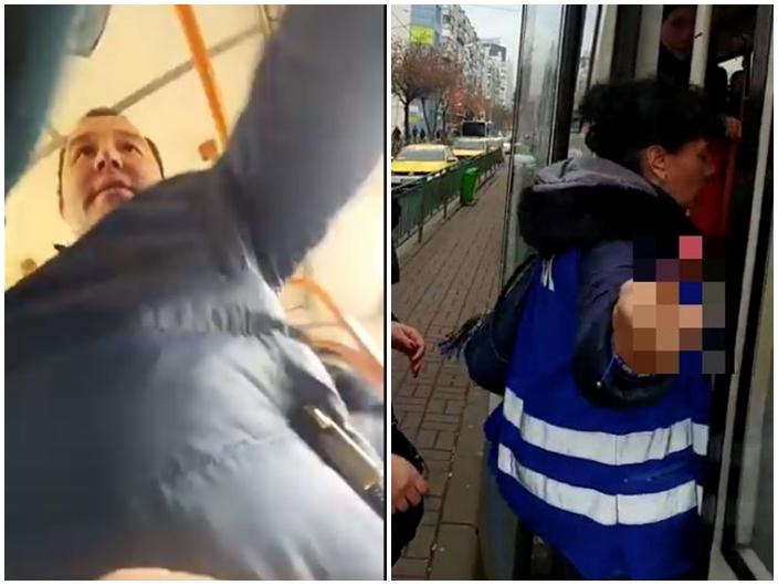 Imagini șocante, &icirc;ntr-un tramvai din București! Palme, &icirc;njurături și semne obsecene &icirc;ntre controlorii RATB și un călător: "Băi, tu n-auzi că aicea cobori? Aicea cobori!"