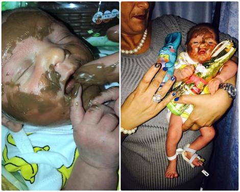 IMAGINI ȘOC! Bebeluș de doar câteva zile, forțat de bunica lui să consume ciocolată. Mândră de încercările ei, femeia a pus imaginile pe internet