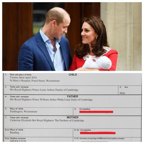 Surpriză! A fost publicat certificatul de naștere al bebelușului lui William și Kate. Ce scrie la rubrica ”ocupația părinților”