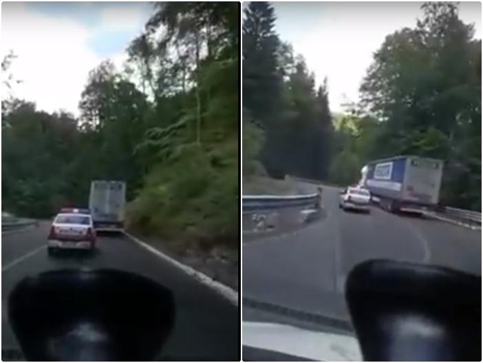 Ei fac legea, ei o &icirc;ncalcă! O mașină de poliție, filmată &icirc;n timp depășește un tir, &icirc;ntr-o curbă deosebit de periculoasă (VIDEO)