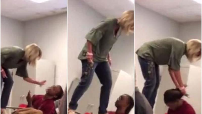 Profesoară, filmată în timp ce încearcă să-și trezească o studentă, la ore. S-a urcat pe pupitru, a tras-o de păr, a împins-o cu piciorul și i-a dat palme peste față (VIDEO)