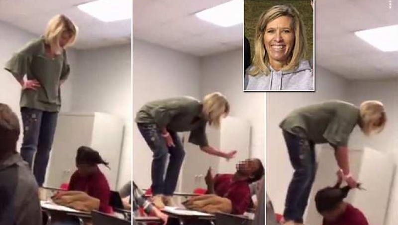 Profesoară, filmată în timp ce încearcă să-și trezească o studentă, la ore. S-a urcat pe pupitru, a tras-o de păr, a împins-o cu piciorul și i-a dat palme peste față (VIDEO)