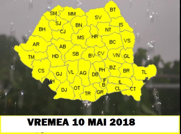 Vremea 10 mai. Prognoza meteo anunță ploi torențiale și grindină
