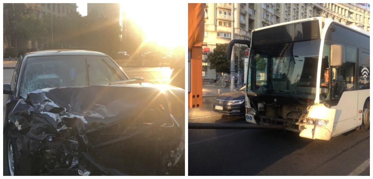 Accident cumplit &icirc;n Capitală! Trei persoane, transportate de urgență la spital, după ce un autoturism a intrat &icirc;ntr-un autobuz