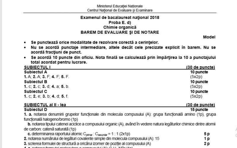 UPDATE:BAC 2018 Sesiunea Toamnă. Ce subiecte au picat la Chimie