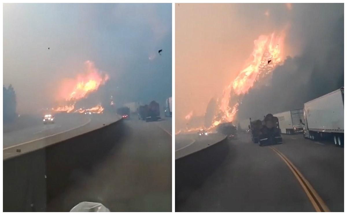 &rdquo;Nu putem să stăm aici!&rdquo; Momentul dramatic &icirc;n care o femeie &icirc;și imploră partenerul, printre lacrimi,  să-și abandoneze TIR-ul c&acirc;nd vede incendiul devastator ce se propagă cu repeziciune