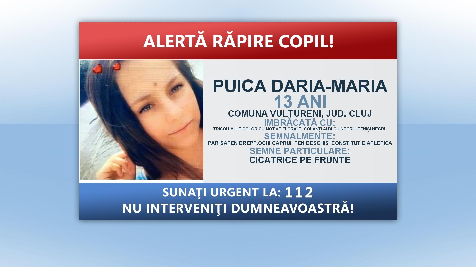 Poliţiştii caută o fată de 13 ani din judeţul Cluj, care ar fi fost răpită de un t&acirc;năr de 27 de ani