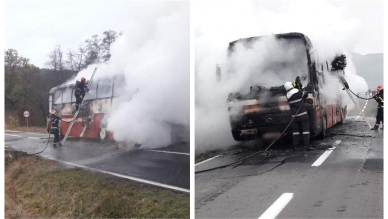 Un autobuz cu 24 de pasageri a luat foc pe șosea, în Covasna! Atenție, imagini ce vă pot afecta emoțional! Foto