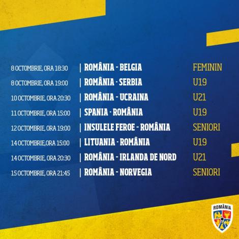 Echipele naţionale ale României vor disputa opt partide, toate oficiale, în perioada 8-15 octombrie