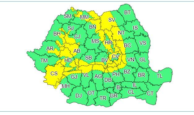 Cod galben de v&acirc;nt puternic, &icirc;n zonele de munte şi &icirc;n sudul Banatului, p&acirc;nă joi dimineaţă; de miercuri, &icirc;n &icirc;ntreaga ţară se vor semnala ploi