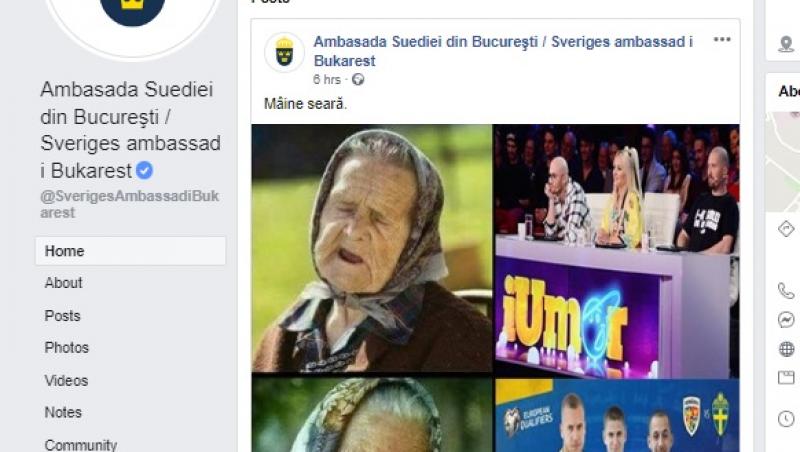 Pe pagina de Facebook a celor de la Ambasada Suediei în România a apărut un nou mesaj viral, de data aceasta având legătură cu emisiunea „iUmor”