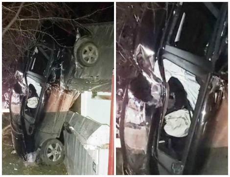O puștoaică de 18 ani, protagonista unui accident spectaculos. Mașina în care se afla a ajuns pe casă, a distrus un acoperiș iar apoi s-a oprit cu botul pe sol, în poziție verticală