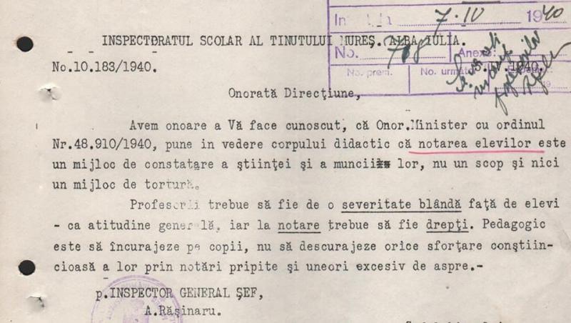De necrezut! Notarea elevilor în anul 1940! Scrisoarea Inspectoratului Școlar către un liceu: ,,Notarea nu este un scop și nici un mijloc de tortură''