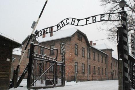 Lozinca nazistă a lagărului de concentrare de la Auschwitz, reprodusă în Prahova, pe poarta unei firme de stat