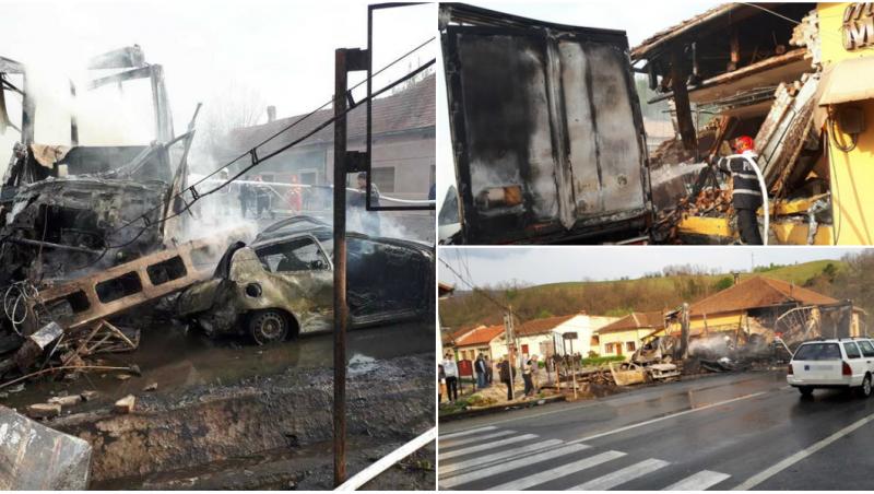 Clădire pusă la pământ, după un accident cumplit în Caraș-Severin! Un TIR a izbit în plin un autoturism, ambele mașini fiind cuprinse de flăcări - Foto