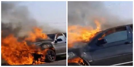 Un BMW X5 a ars ca o torță pe drumul dintre Alexandria și Vitănești! Scandal mare, la sosirea pompierilor!