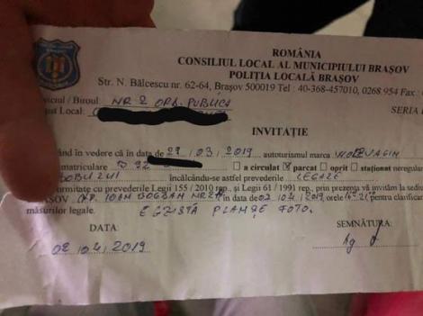 Gafa unui polițist din Brașov. Proces verbal pentru „Wollvagin” parcat neregulamentar, pentru care „egzistă plamşe foto”
