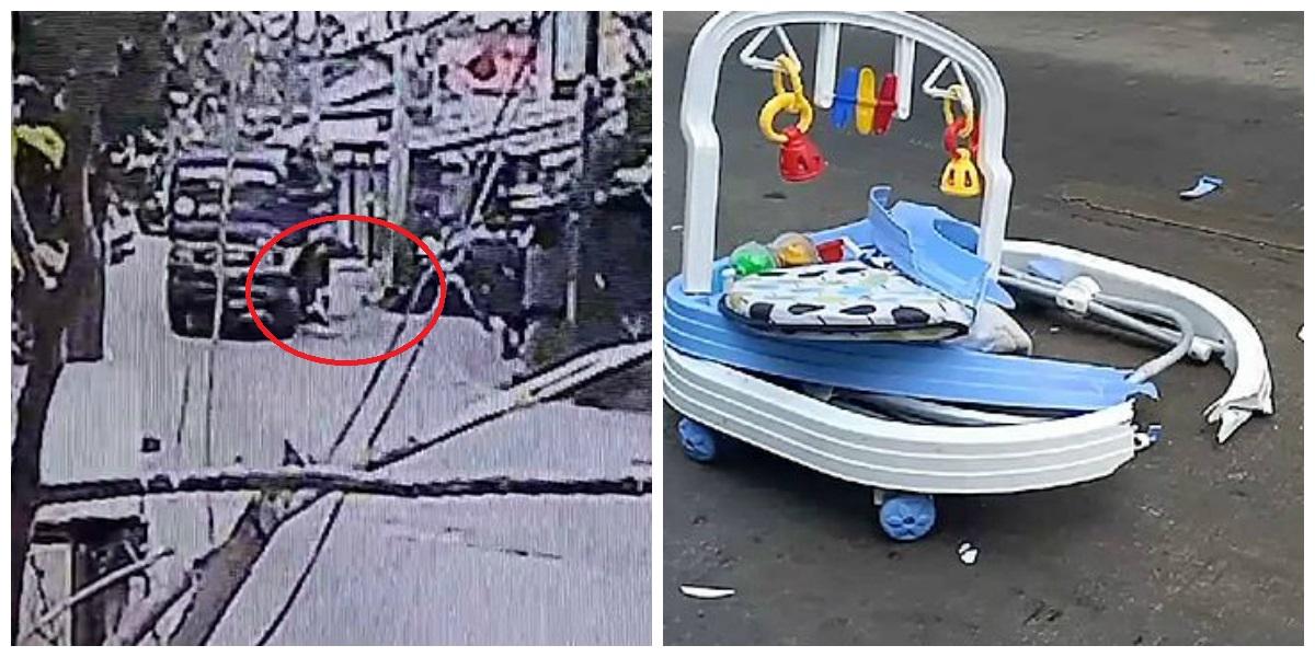 Momentul &icirc;n care un copil de opt luni, aflat &icirc;n premergător, a fost lovit &icirc;n plin de un camion! Mama lui butona telefonul