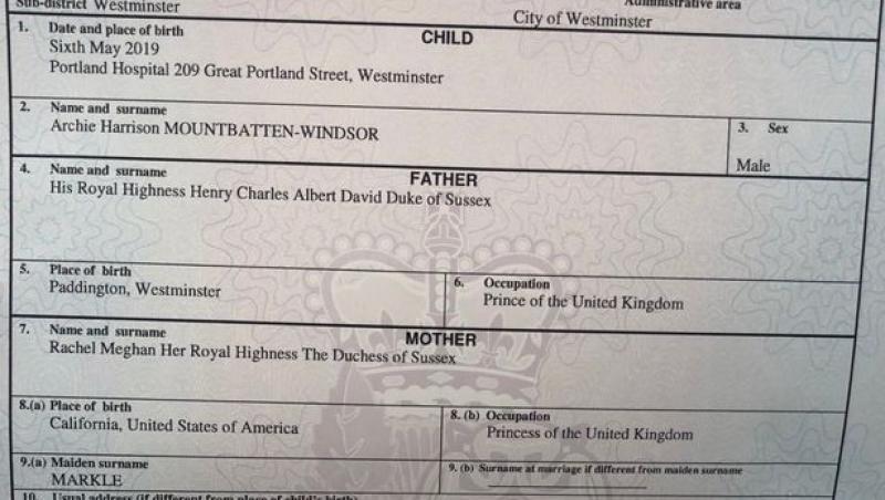 Certificatul de naștere al bebelușului ducilor de Sussex, publicat! Unde a născut Meghan Markle, de fapt, și cum a fost trecută în document