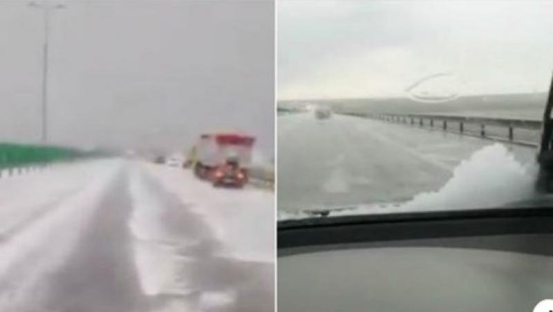 Video, „Ninge” pe Autostrada Soarelui!!! Grindina a acoperit tot A2. Conducătorii auto s-au oprit pe banda de urgență