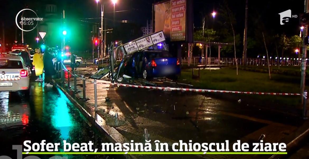 Accident spectaculos &icirc;n București. Un șofer beat a spulberat un chioșc de ziare. Ce alcoolemie avea bărbatul