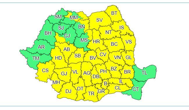 Cod galben de ploi torenţiale, p&acirc;nă la ora 23:00, &icirc;n cele mai multe dintre judeţele ţării
