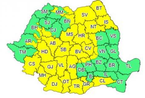 Cod galben de ploi torenţiale, descărcări electrice, vijelii şi grindină, în Oltenia, vestul şi sudul Munteniei, nordul Moldovei şi în Transilvania