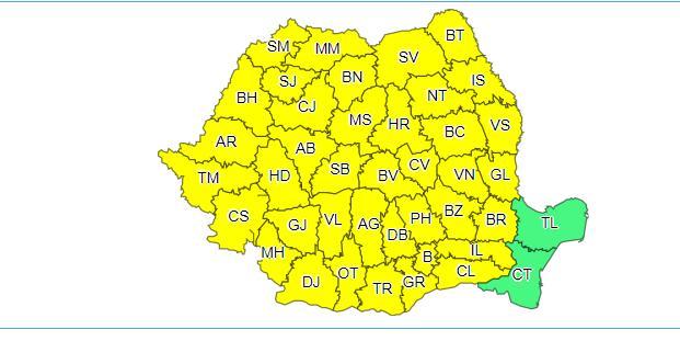 Cod galben de instabilitate atmosferică accentuată &icirc;n aproape toată ţara, p&acirc;nă la ora 23.00,exceptie fac județele Tulcea şi Constanţa