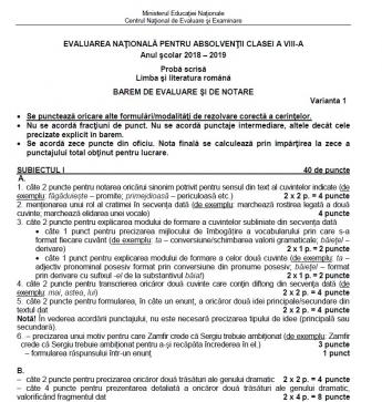 Barem Limba RomanÄƒ Evaluare NaÈ›ionalÄƒ 2019 Edu Ro Subiecte Rezolvate Antena 1