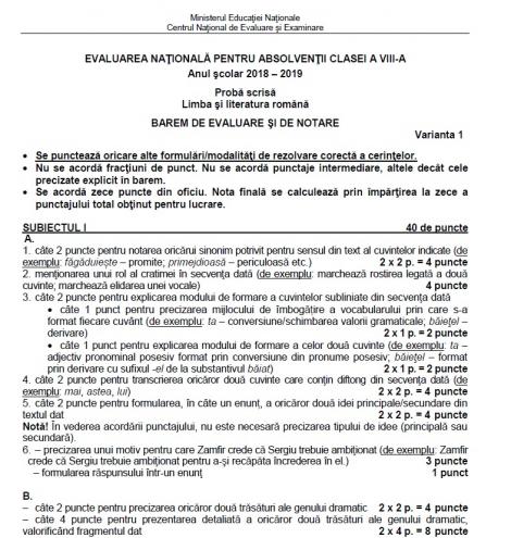 Barem Limba Română Evaluare Națională 2019 Edu.ro: subiecte rezolvate și note