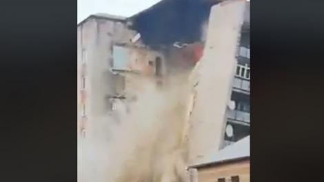 Momentul în care un bloc de nouă etaje s-a prăbușit, în Republica Moldova! Zeci de oameni au fost evacuați de urgență