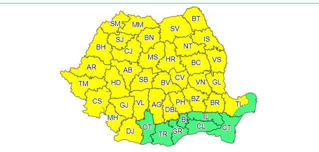Avertizare meteo de Instabilitate atmosferică şi disconfort termic, p&acirc;nă duminică seară. Cod galben, p&acirc;nă s&acirc;mbătă dimineață