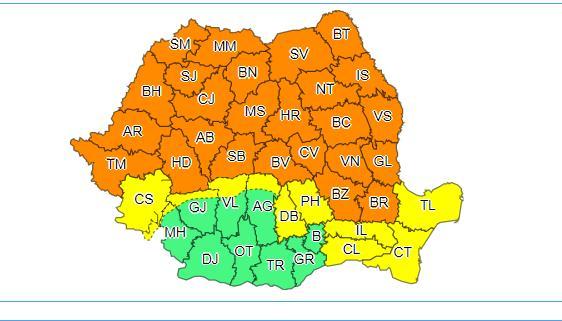 Cod portocaliu de furtuni, &icirc;n mai mult de jumătate dintre judeţele ţării, p&acirc;nă vineri dimineaţă