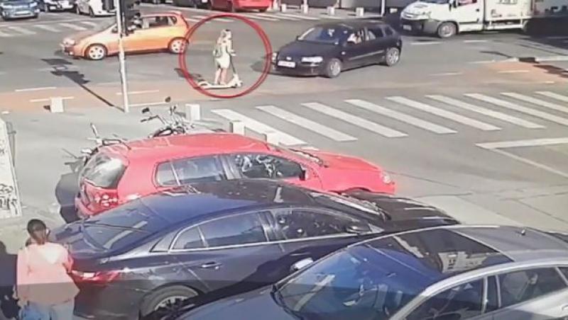 Incident cumplit în București! O tânără pe trotinetă a fost lovită în plin de o mașină! Atenție, imagini ce vă pot afecta emoțional! - Video
