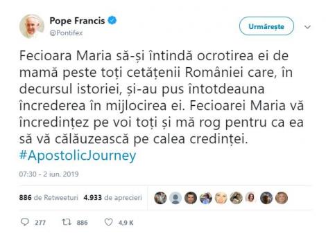 Papa Francisc, mesaj emoționant în limba română pe Twitter, la finalul vizitei în România