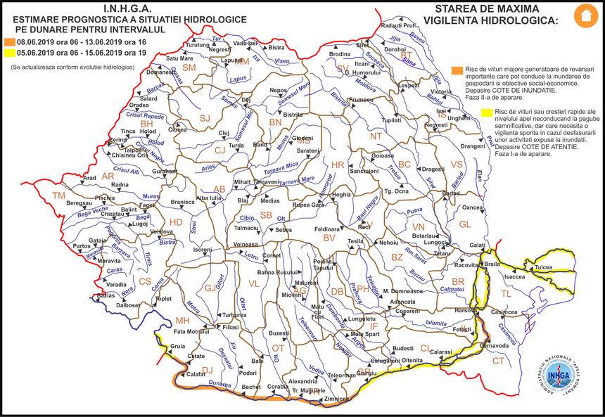 Cod galben şi portocaliu de inundaţii pe Dunăre, p&acirc;nă &icirc;n 15 iunie. Debitul fluviului va creşte constant, fiind posibile depăşiri ale fazelor de apărare
