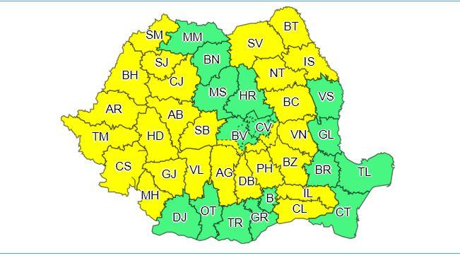 Cod galben de ploi torenţiale, vijelii şi grindină, p&acirc;nă la ora 23:00, &icirc;n cea mai mare parte a ţării