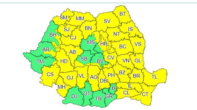 ANM a emis o nouă avertizare cod galben de furtuni: Vineri, p&acirc;nă la ora 22.00, va ploua torenţial &icirc;n cea mai mare parte a ţării