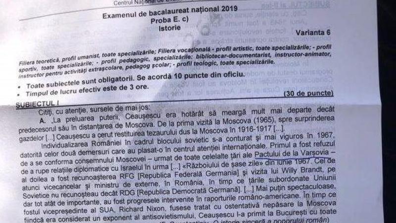 Subiecte Istorie BAC 2019 Edu.ro: Vezi pe a1.ro ce a picat la Istorie! FOTO