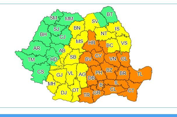Avertizări de cod galben şi cod portocaliu de furtuni. Ploi torenţiale, grindină de mari dimensiuni şi descărcări electrice, p&acirc;nă joi dimineaţă
