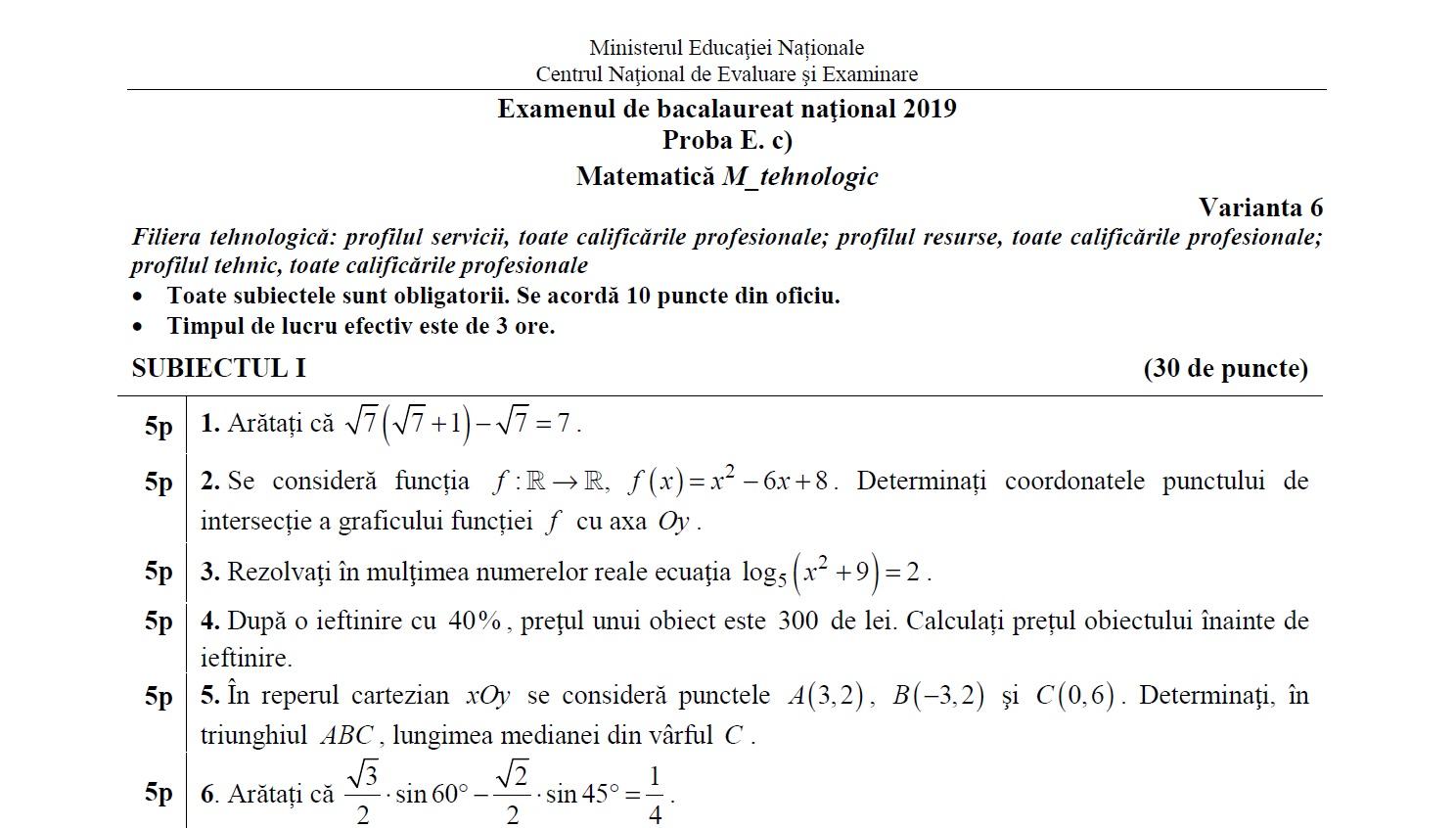 Subiecte BAC Matematică 2019: Subiecte mai grele la filieră tehnologică, dec&acirc;t la mate-info!