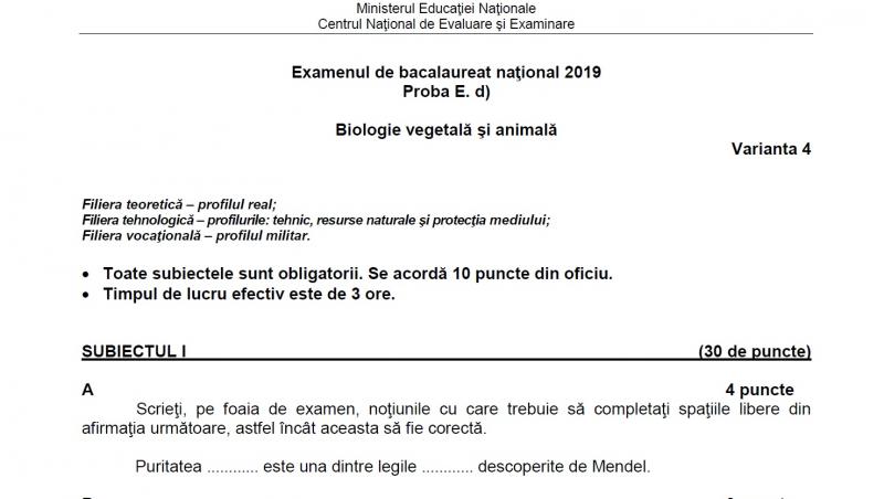 Subiecte Biologie BAC 2019 Edu.ro: Subiecte și bareme! Ce a picat! FOTO
